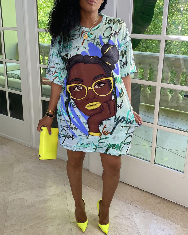 

Graphic Letter Print Half Sleeve T-shirt Dress, Blue