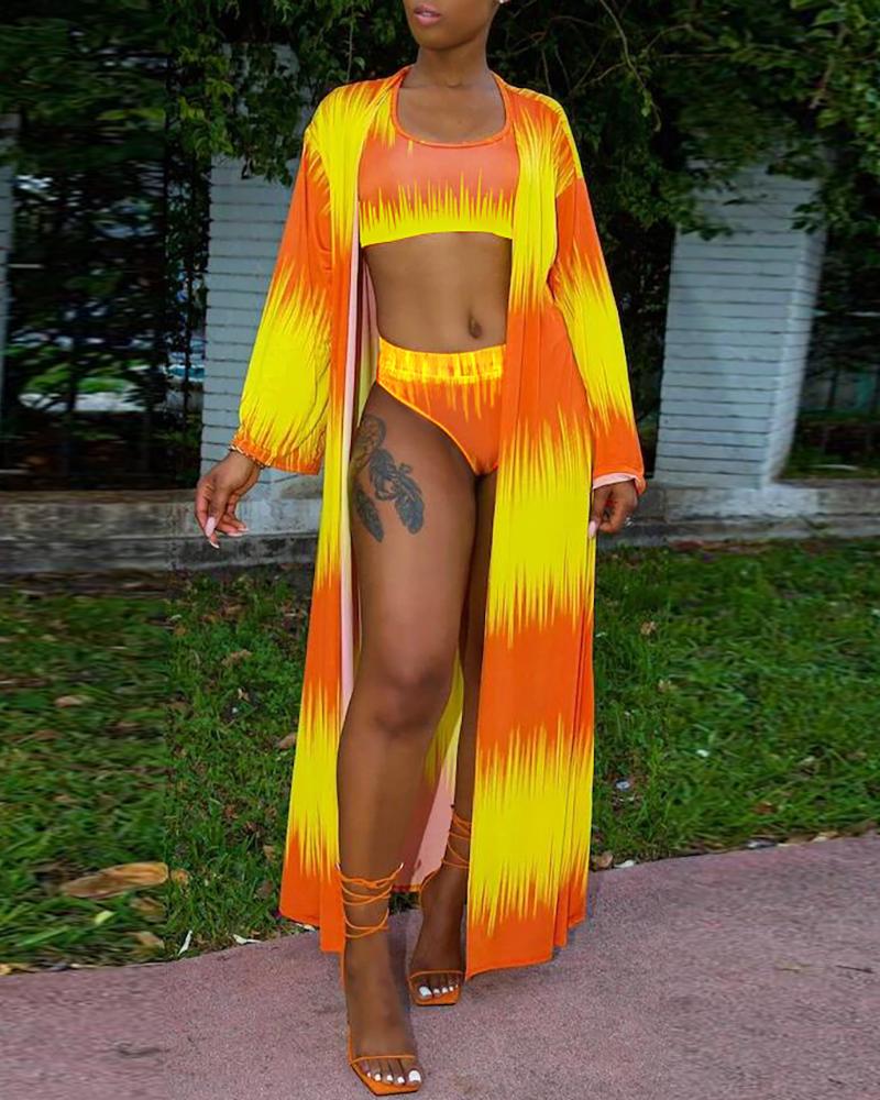

3PCS Colorblock Bikini Set With Cover Up, Yellow