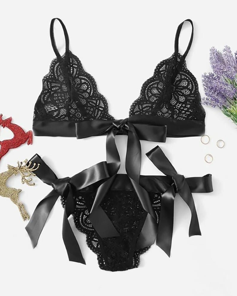 

Bowknot Design Crochet Lace Bra Set, Black