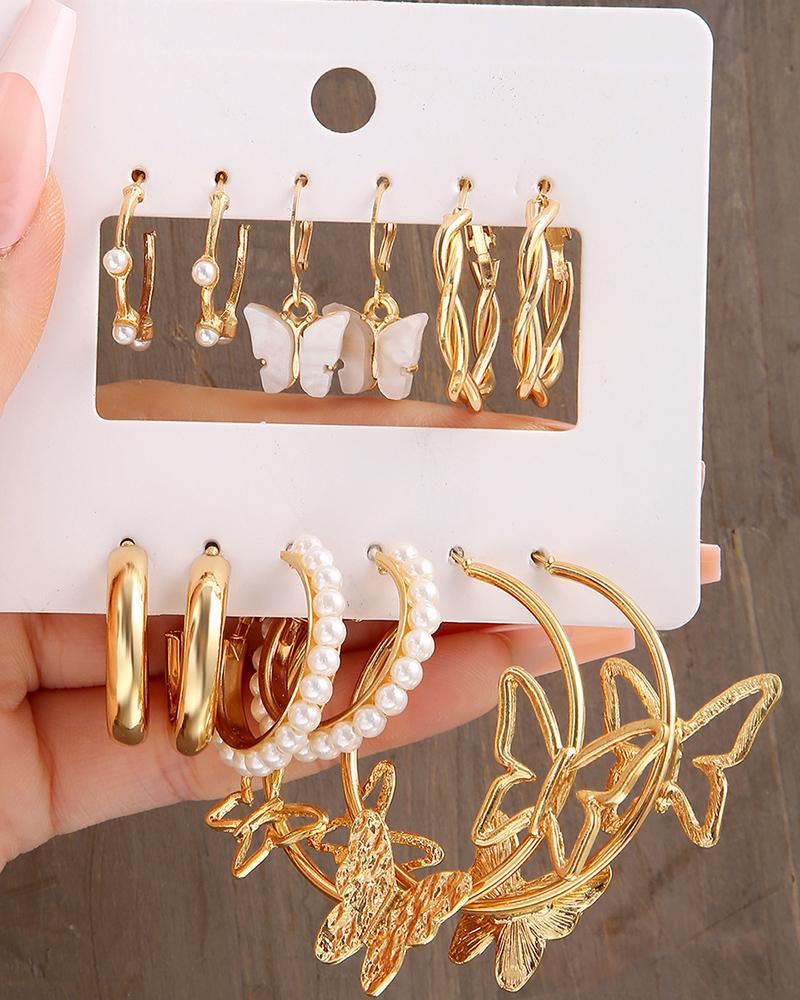 

6Pairs Pearls Decor Butterfly Shaped Hoop Earrings Set, Gold