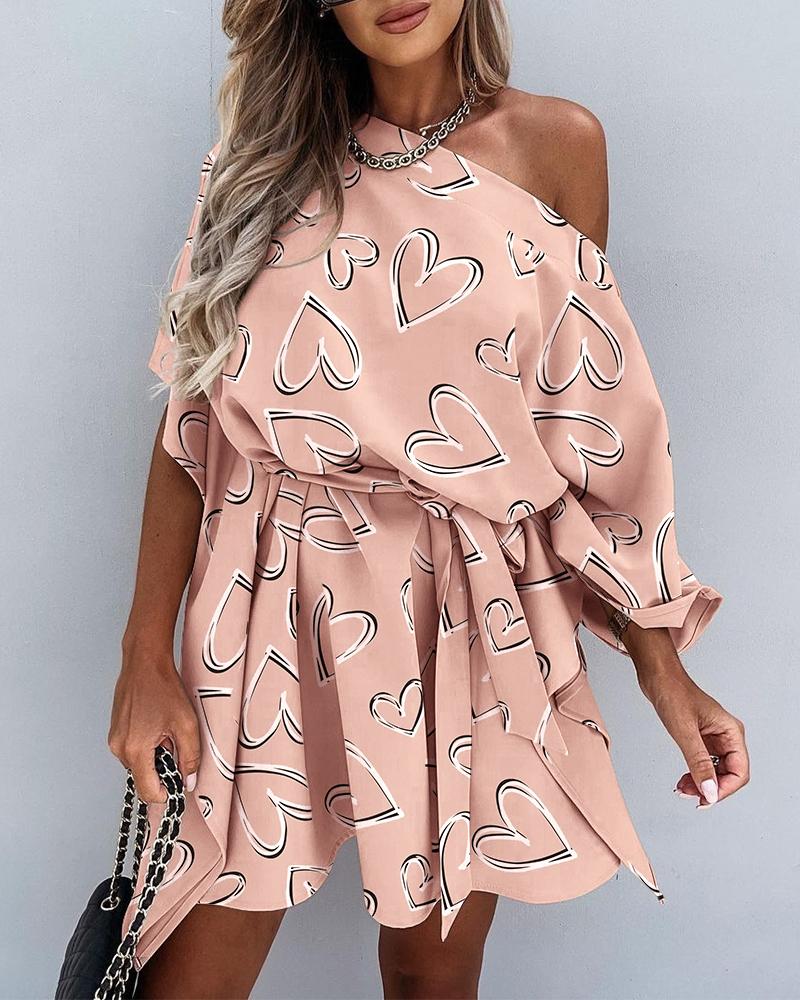 

Heart Print Skew Neck Pleated Lace Up Mini Dress, Pink