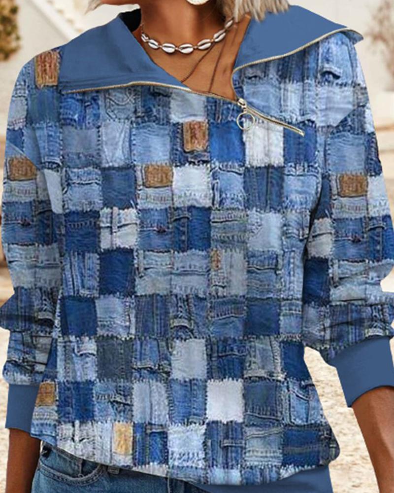 

Geo Pattern Denim Print Zipper Design Top, Blue