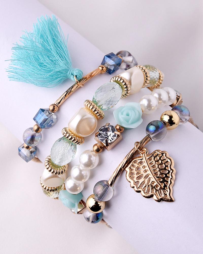 

4PCS/Set Floral Leaf Pattern Tassel Design Beaded Bracelets, Blue