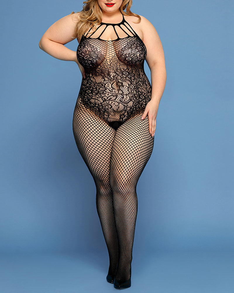 

Plus Size Halter Cutout Fishnet Bodystockings, Black