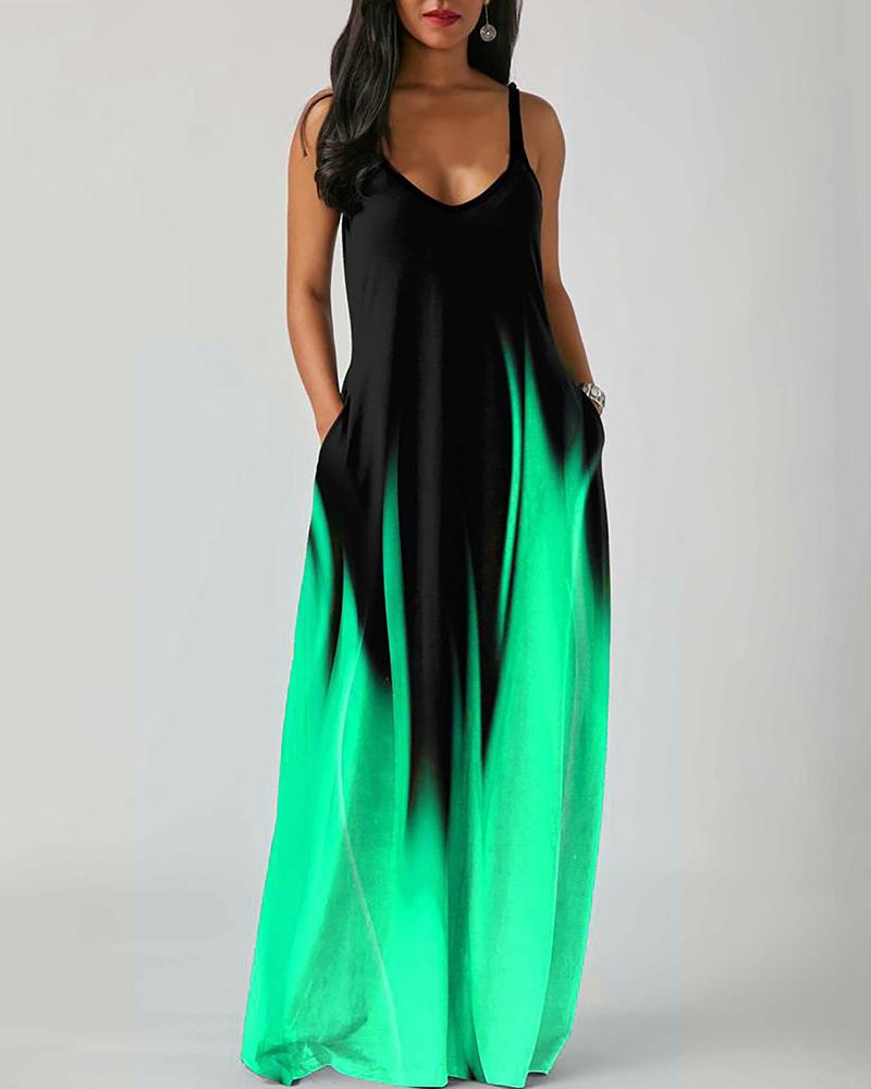 

Abstract Print Colorblock Pocket Design Maxi Dress, Green