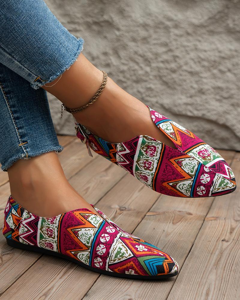 

Tribal Geometric Print Point Toe Casual Loafers, Red