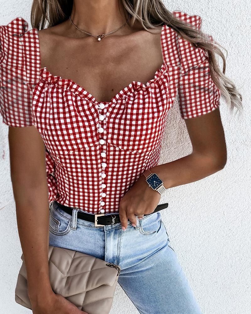 

Plaid Print Puff Sleeve Buttoned Top, Red