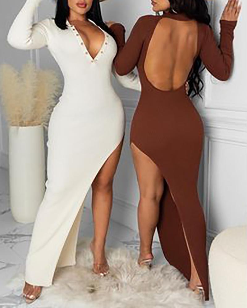 

Ribbed Backless Button Design High Slit Maxi Dress, White
