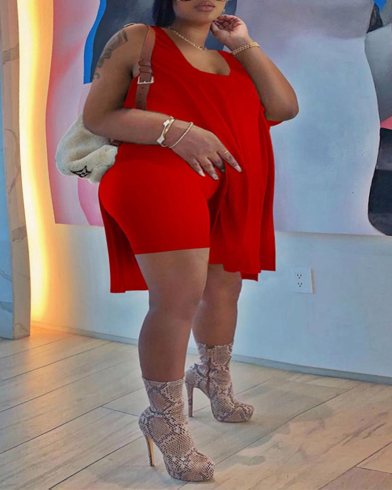 

Plus Size Side Slit Casual Tank Top & Shorts Set, Red