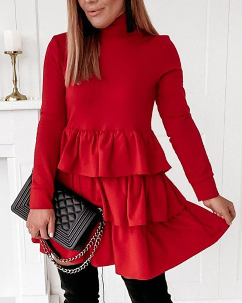 

Layered Ruffle Hem Long Sleeve Dress, Red