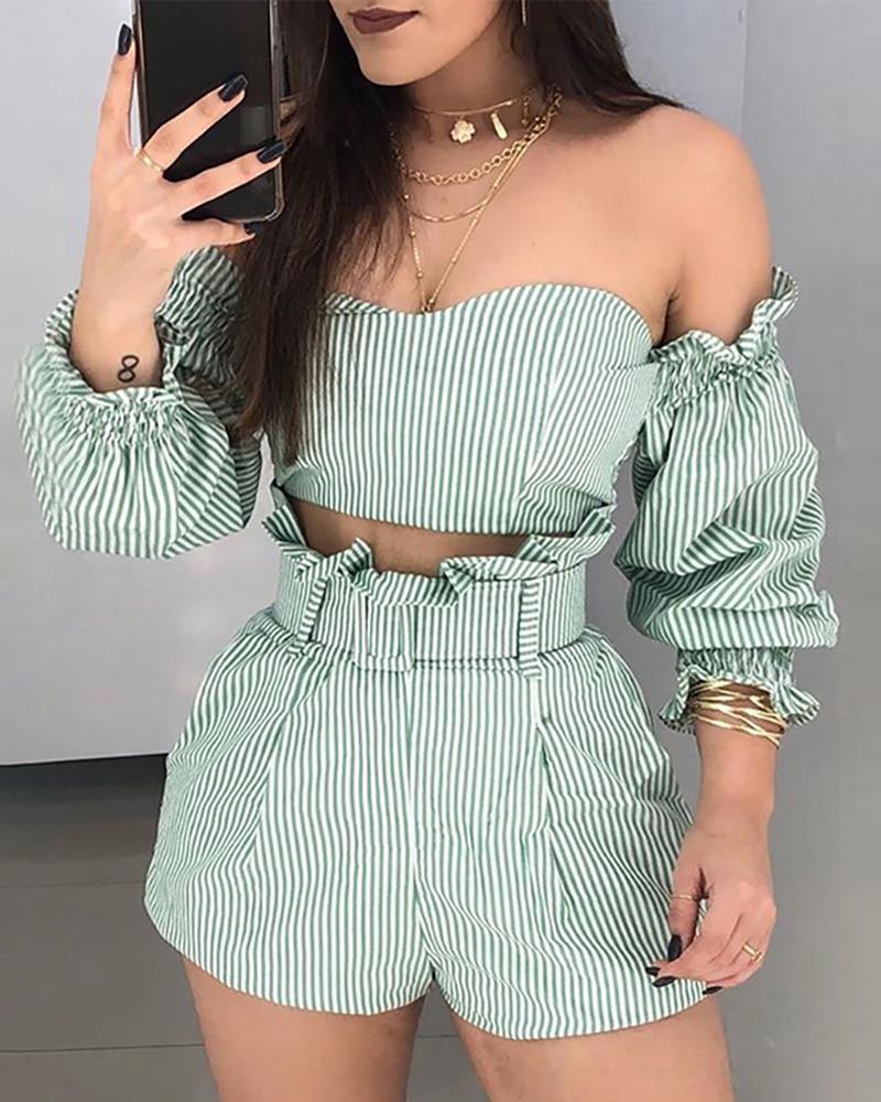 

Striped Off Shoulder Frill Hem Top & Shorts Set, Green