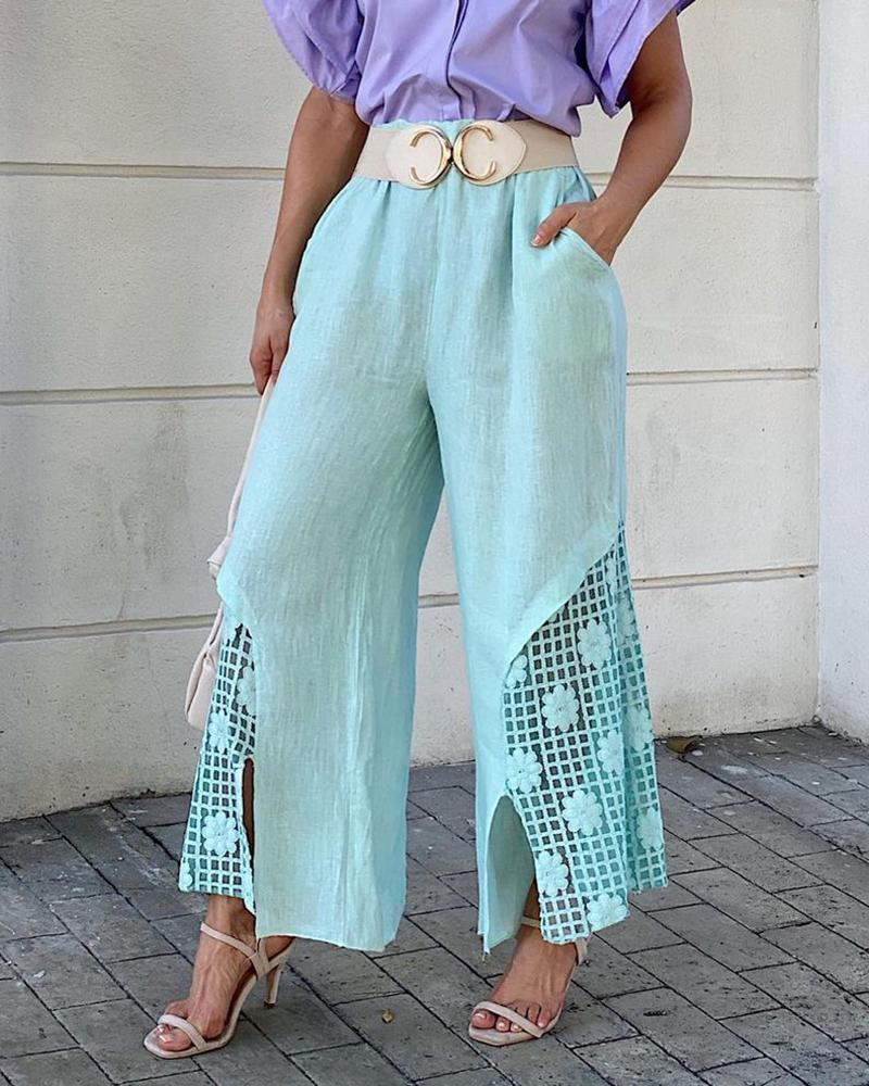 

Lace Patch Slit Pocket Design Casual Pants, Green