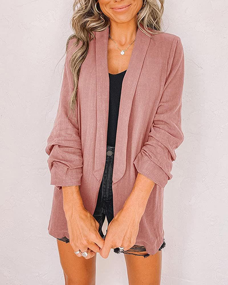 

Plain Shawl Collar Ruched Sleeve Blazer, Pink