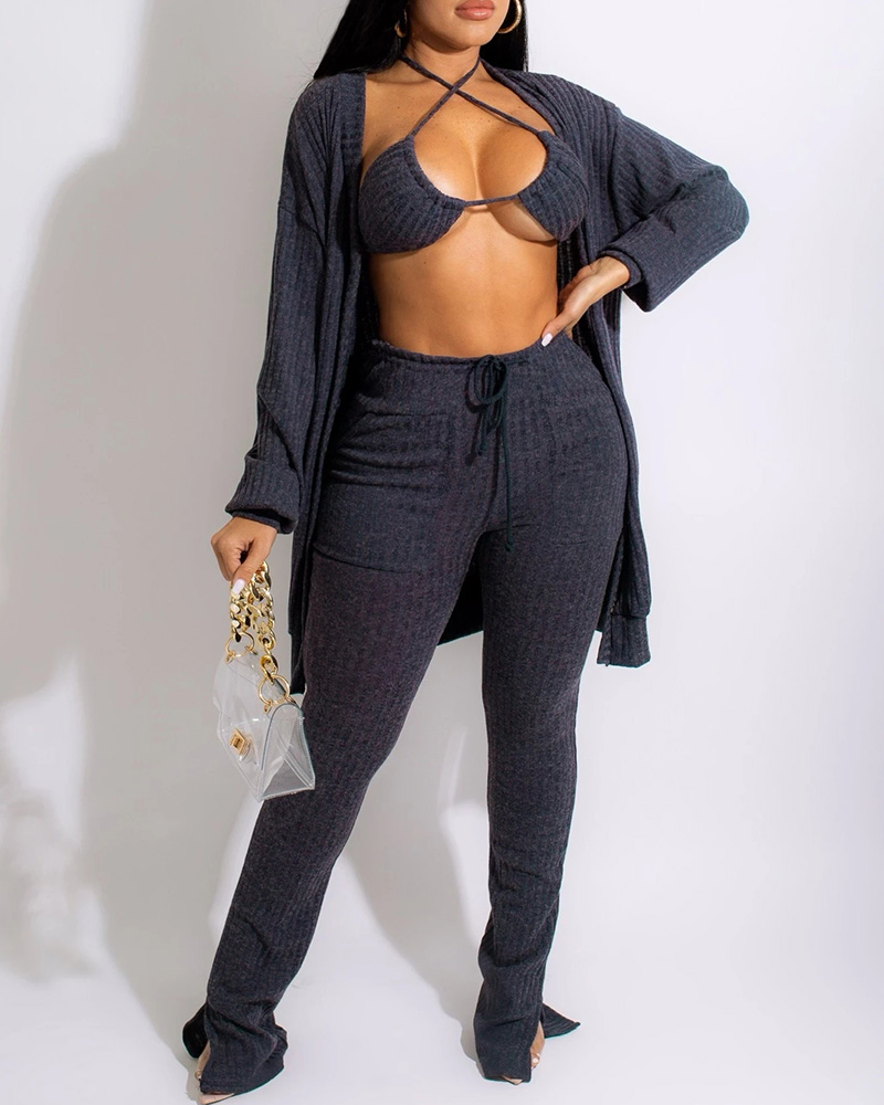 

Lantern Sleeve Buttoned Coat & Slit Pants Set With Bralette, Blue