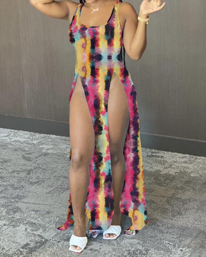 

Tie Dye Sleeveless Slit Loose Long Dress, Style1