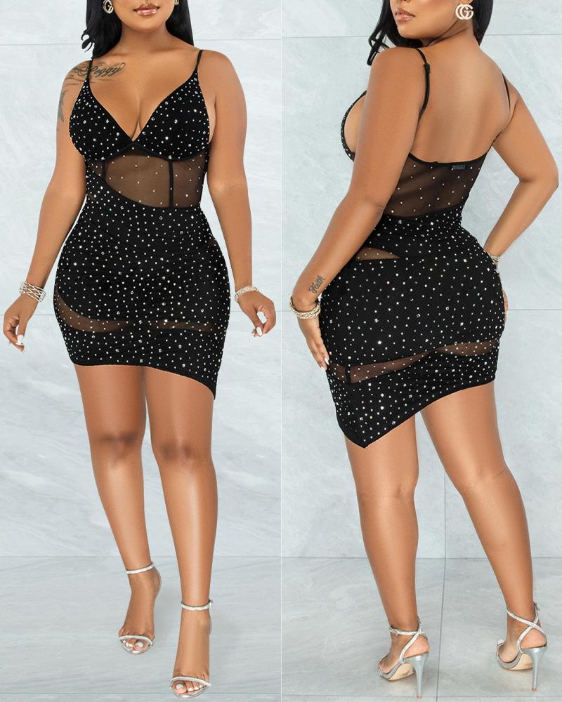 

Rhinestone Decor Contrast Mesh Bodycon Dress, Black
