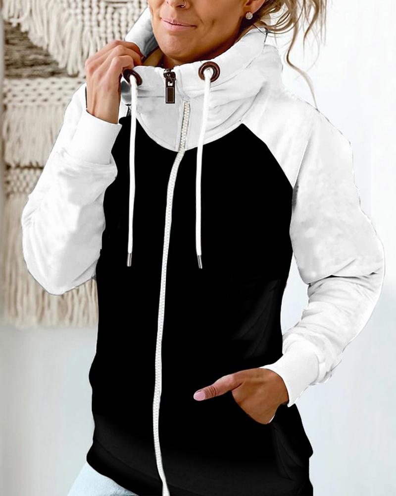 

Colorblock Long Sleeve Zip Up Drawstring Sweatshirt, White