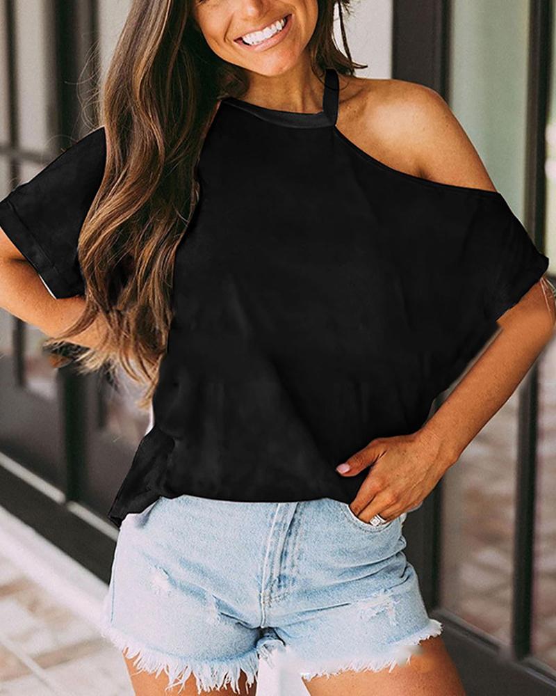 

Plain Cold Shoulder Casual T-shirt, Black