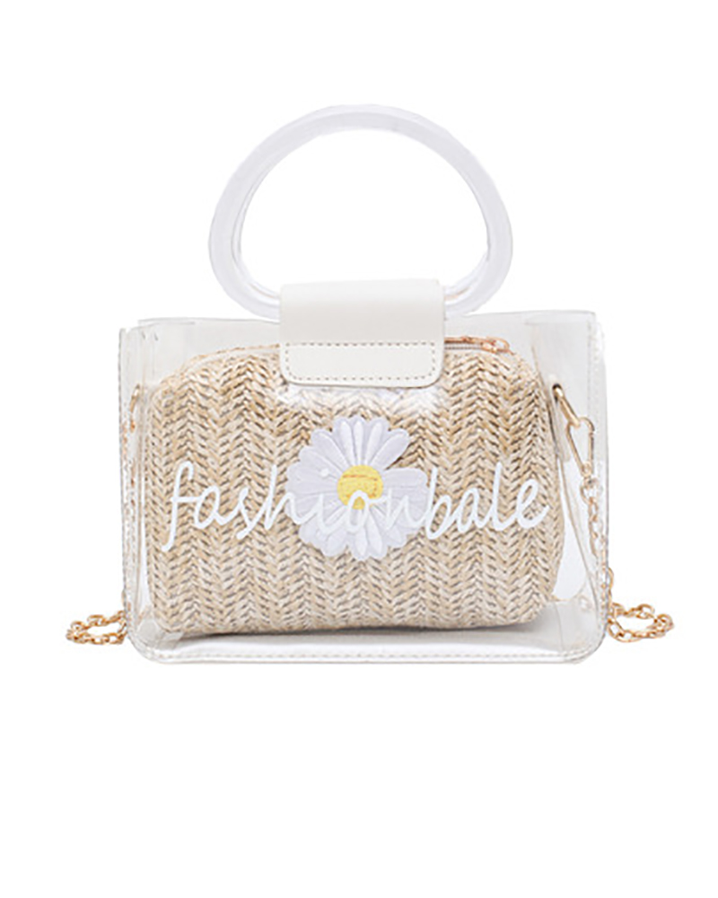 

Clear Letter Print Floral Pattern Satchel Bag, Khaki