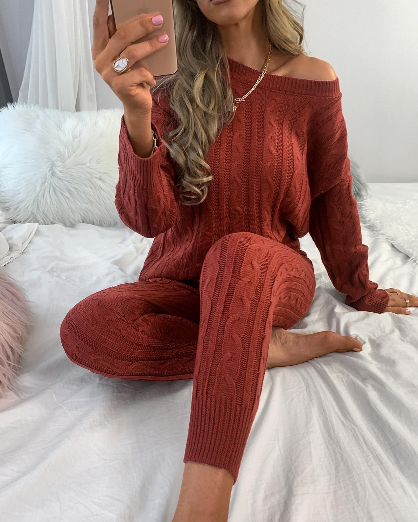 

Solid Ribbed Knitting Casual Sweater & Pants Sets, Wine red