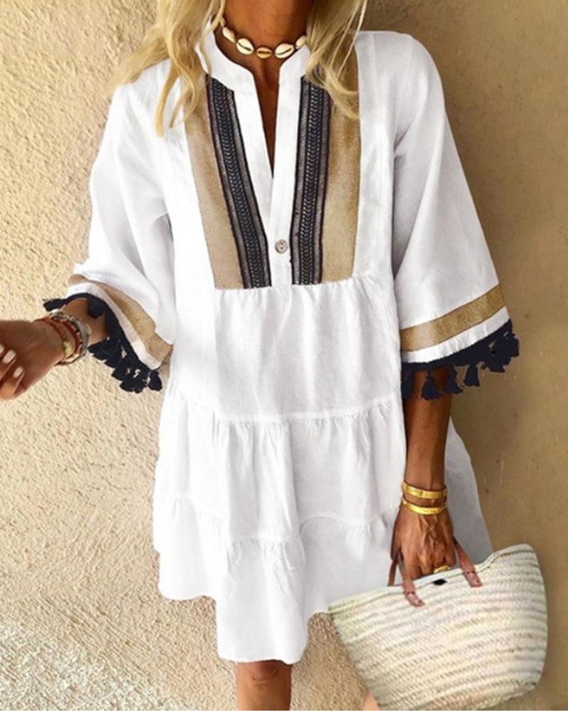 

Buttoned Tassel Design Casual Dress, White
