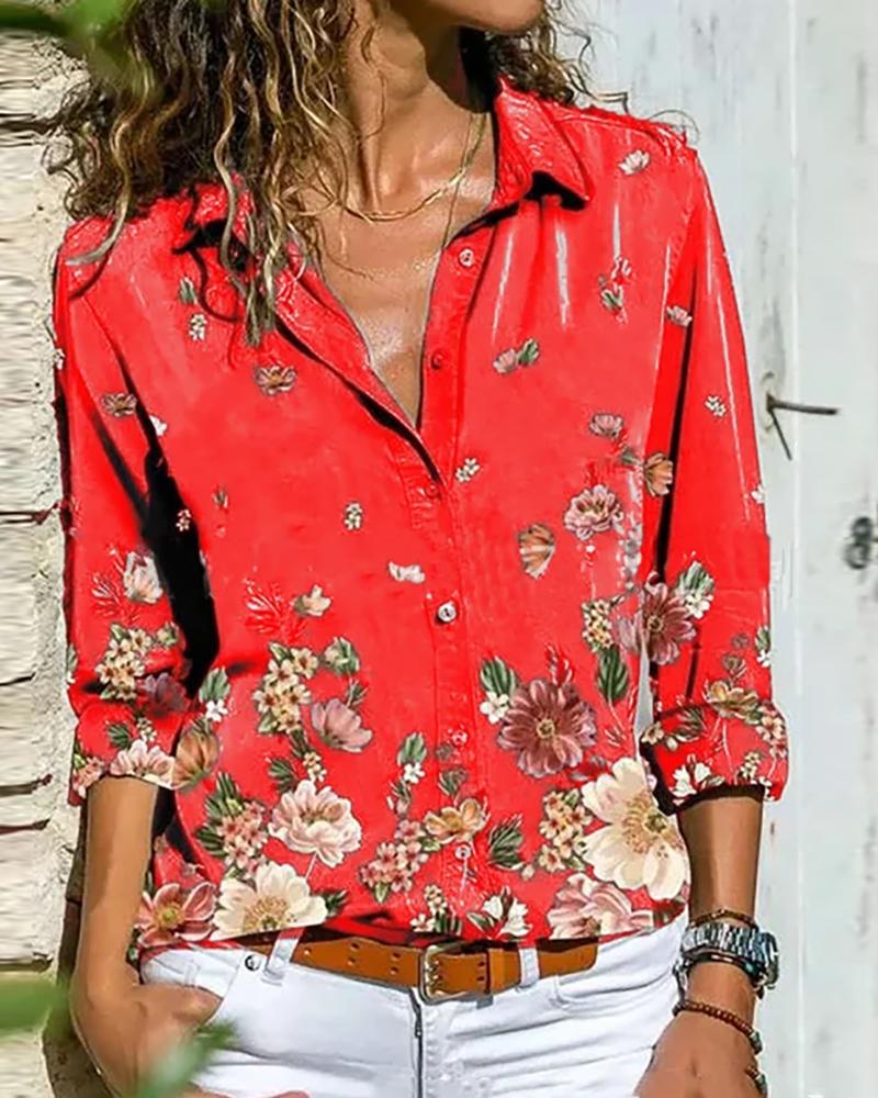 

Floral Print Button Design Long Sleeve Shirt, Red