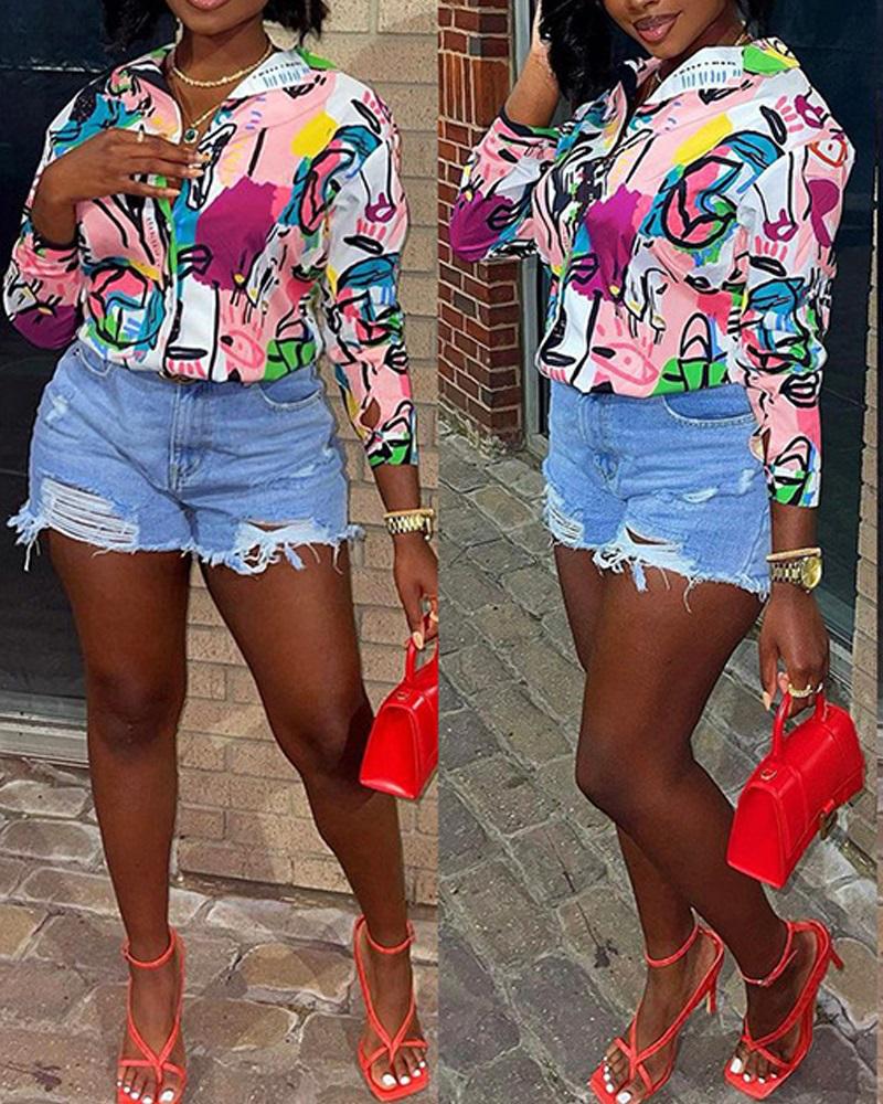 

Graphic Print Long Sleeve Button Down Shirt, Pink