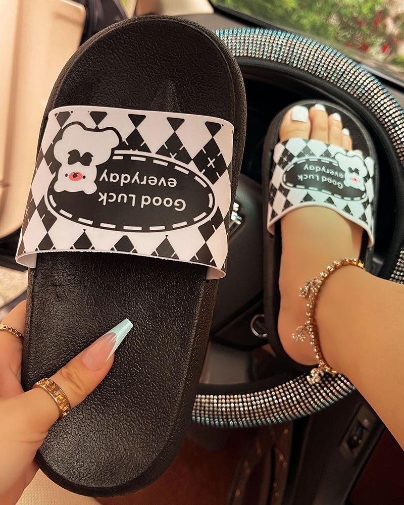 

Cartoon Letter Pattern Round Toe Slippers, Black