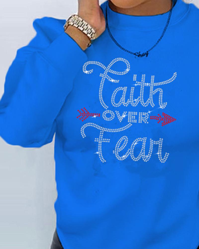 

Rhinestone Letter Pattern Long Sleeve Sweatshirt, Blue