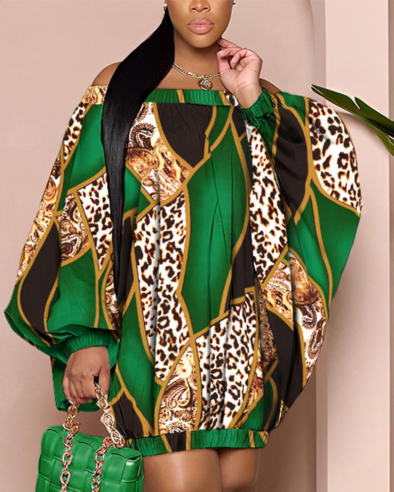 

Plus Size Baroque Leopard Print Off Shoulder Casual Dress, Green