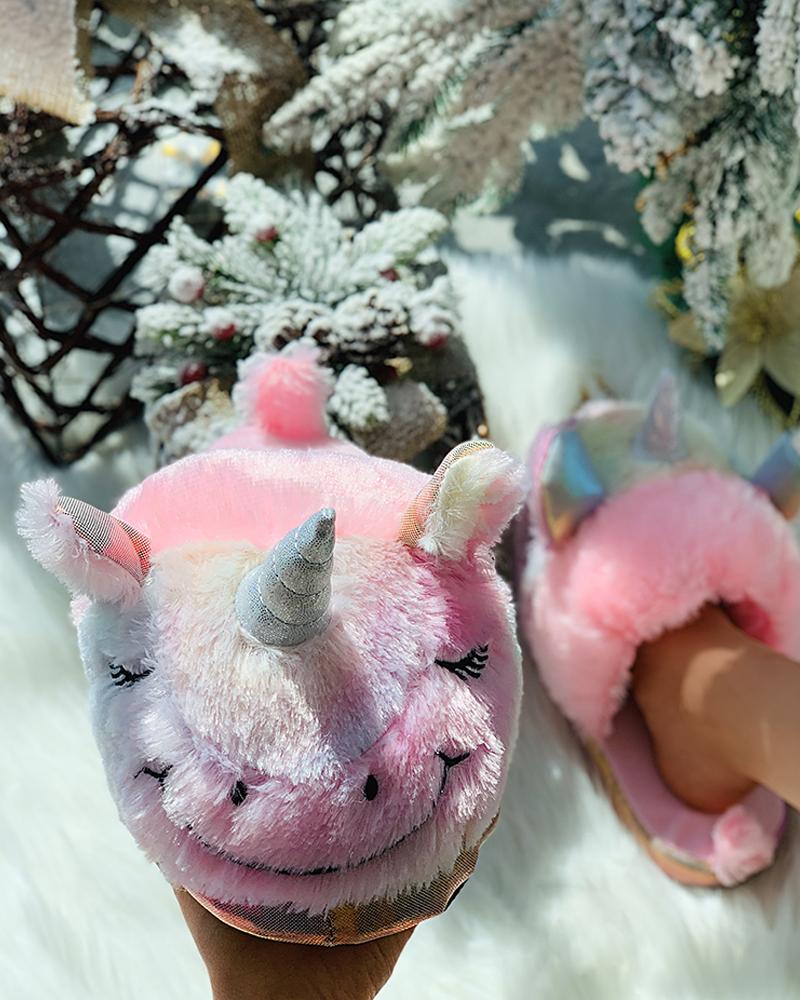 

Unicorn Pattern Colorblock Fluffy Slippers, Pink