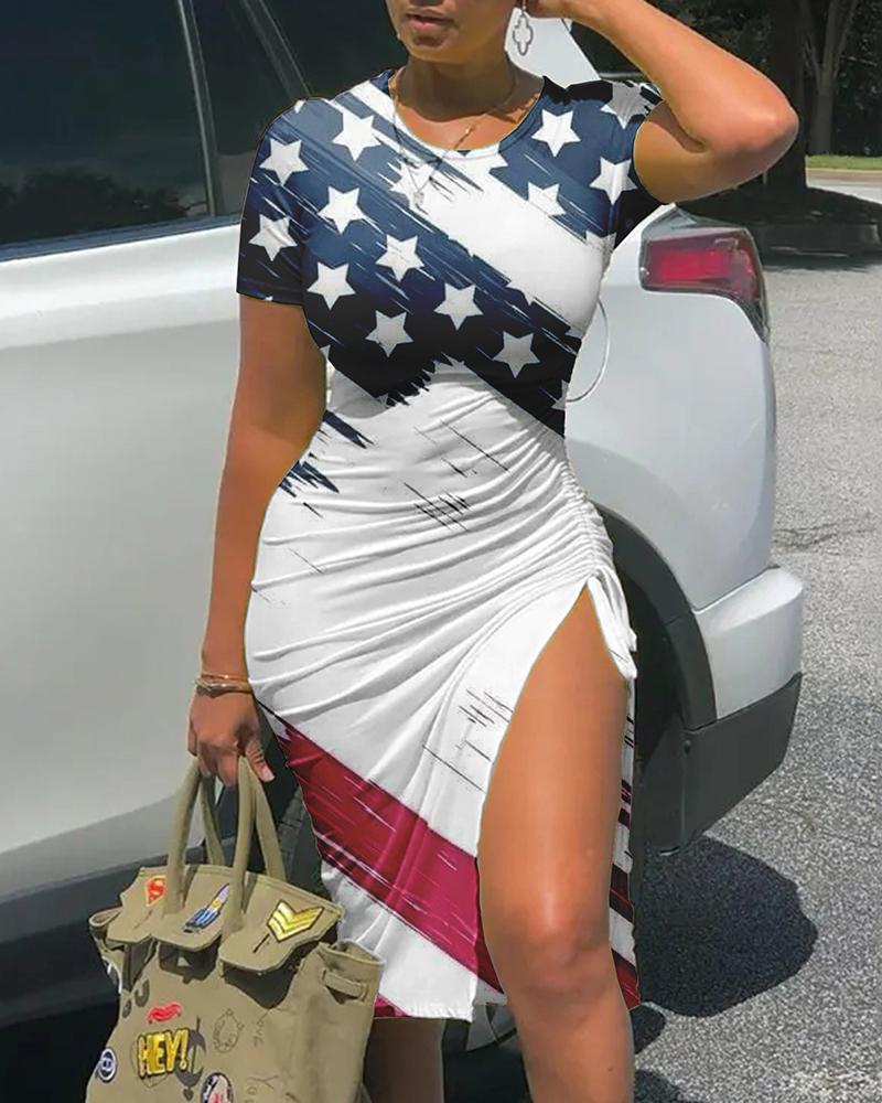 

Independence Day Flag Print Drawstring Slit Bodycon Dress, White
