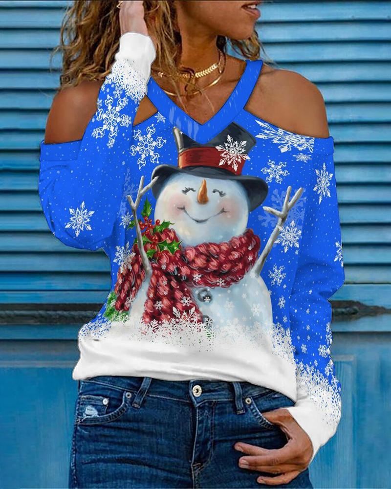 

Christmas Cold Shoulder Snowflake Snowman Print Top, Blue