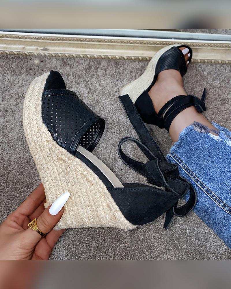 

Round-toe Solid Color Strap Wedge Sandals, Black