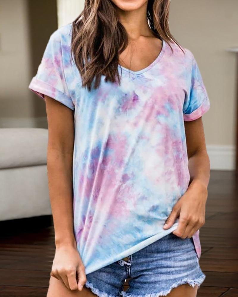 

V-neck Tie Dye Print Casual T-shirt, Lighted blue