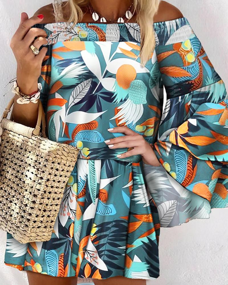 

Off Shoulder Shirred Bell Sleeve Tropical Print Dress, Multicolor