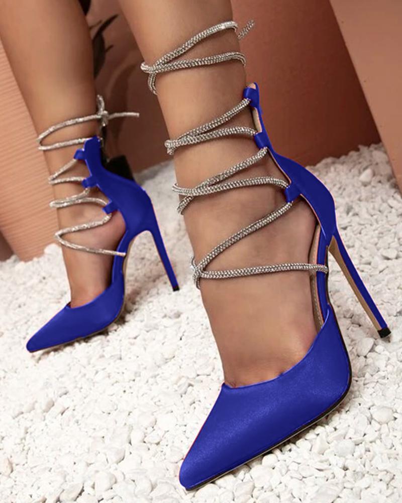 

Rhinestone Strappy Stiletto Heel Pumps, Blue