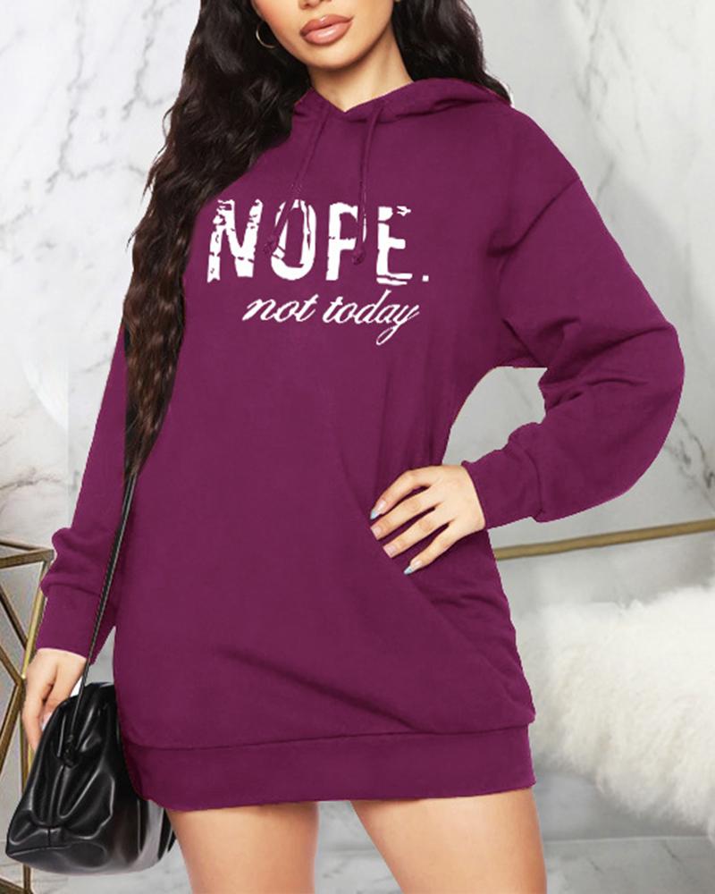 

Letter Print Pocket Design Hooded Dress, Purple