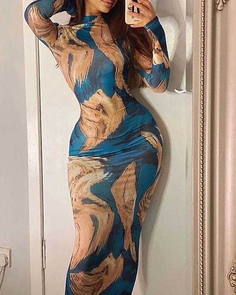 

Long Sleeve O-Neck Abstract Print Dress, Blue