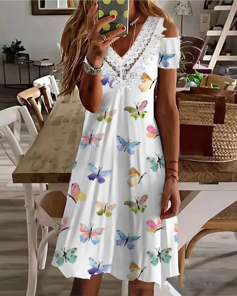 

Butterfly Print Contrast Lace Cold Shoulder Casual Dress, White