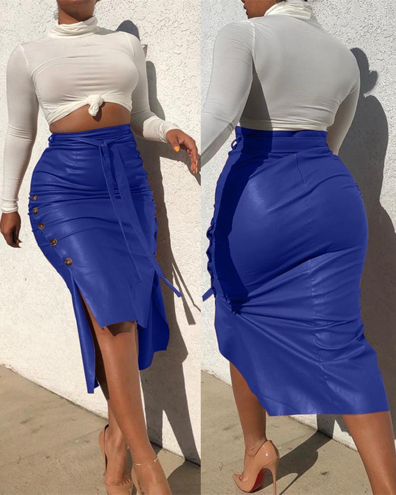 

Buttoned Slit PU Leather Midi Skirt, Blue