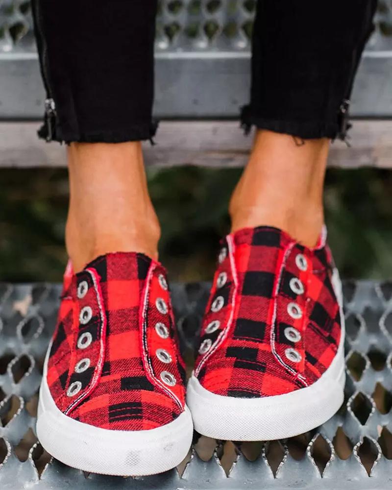 

Eyelet Plaid Print Slip On Casual Shoes, Red