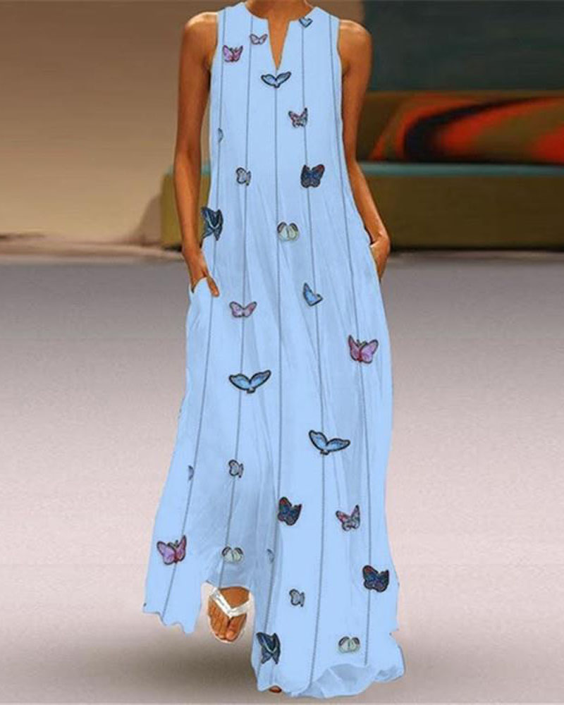 

Butterfly Print Pocket Detail Casual Dress, Blue