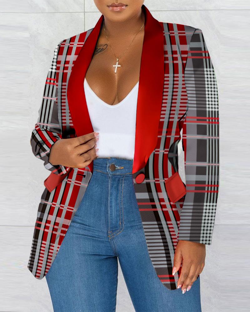 

Plus Size Plaid Print Shawl Collar Blazer Coat, Red