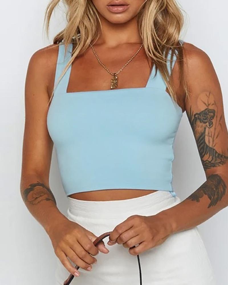 

Thick Strap Square Neck Plain Crop Top, Blue