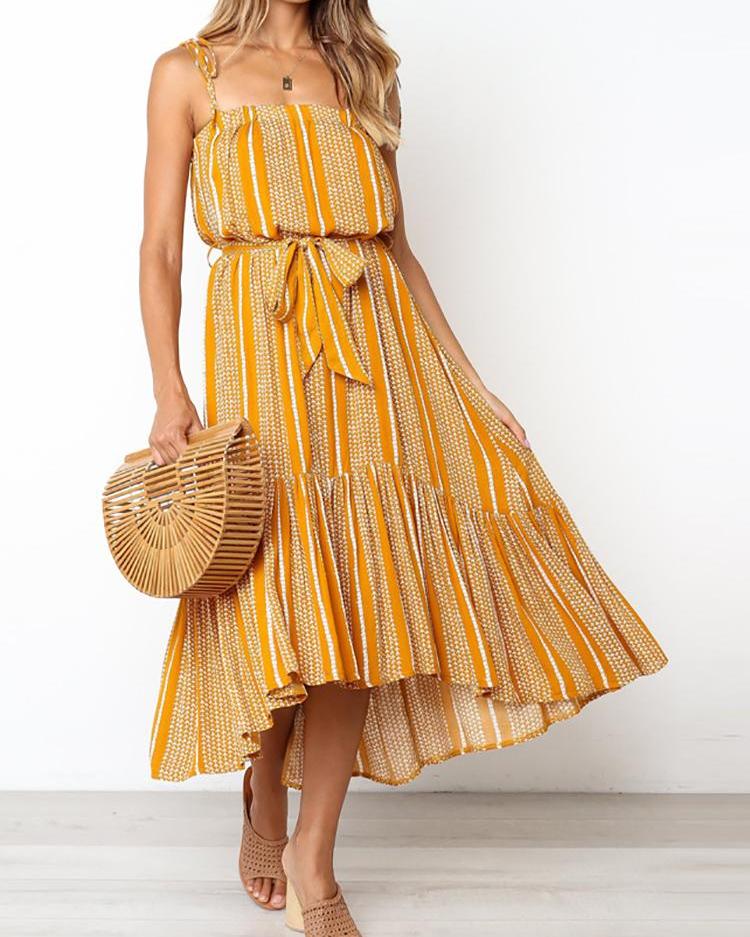 

Spaghetti Strap Ruffles Striped Casual Dress, Yellow