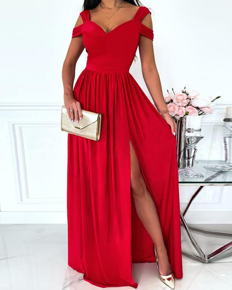 

Cold Shoulder Ruched High Slit Party Dress, Red