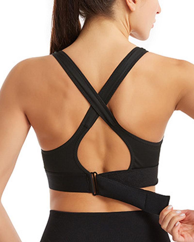 

Zipper Front Crisscross Sports Bra, Black