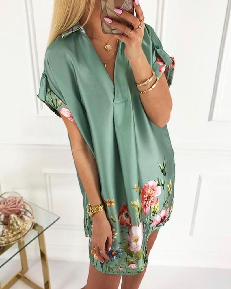 

Floral Print Short Sleeve Satin Dress, Green