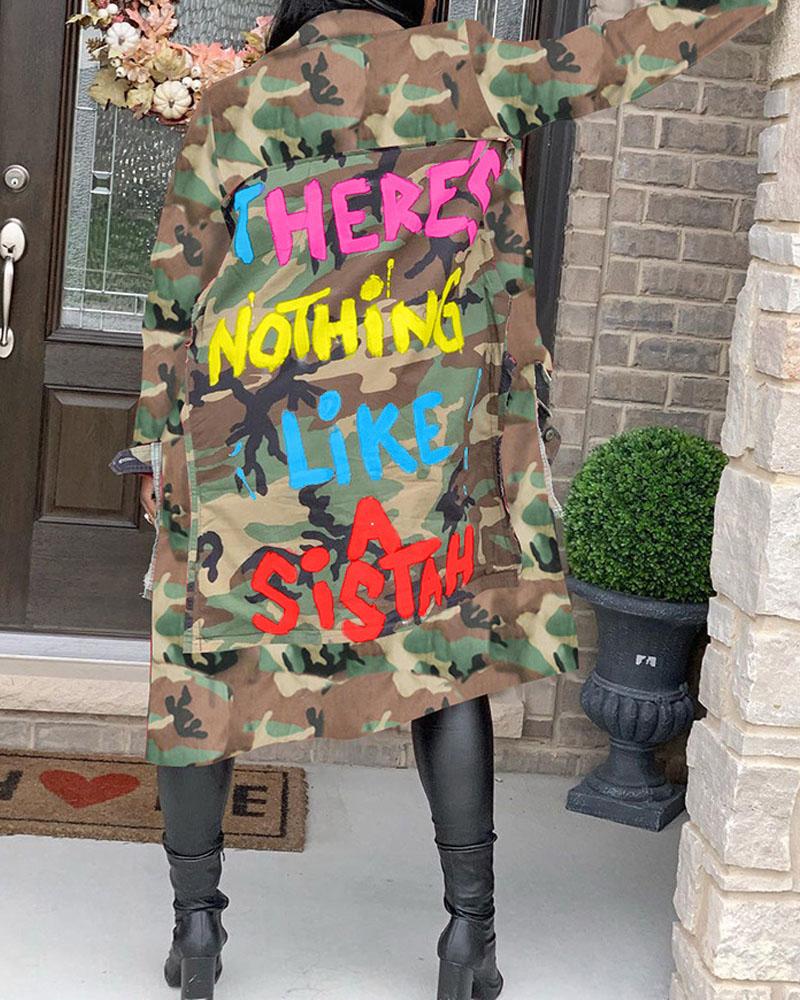 

Camo Letter Print Pocket Patch Longline Coat, Green